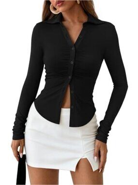 Womens V Neck Button Down Shirt Ruched Slim Fit Long Sleeve Knit Blouse Fall